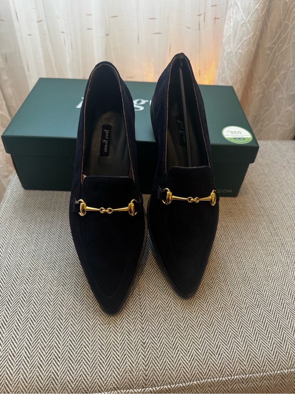 Paul Green Wexler Pointed Toe Navy Suede Loafers with Gold Bit Detail (7.5/5)